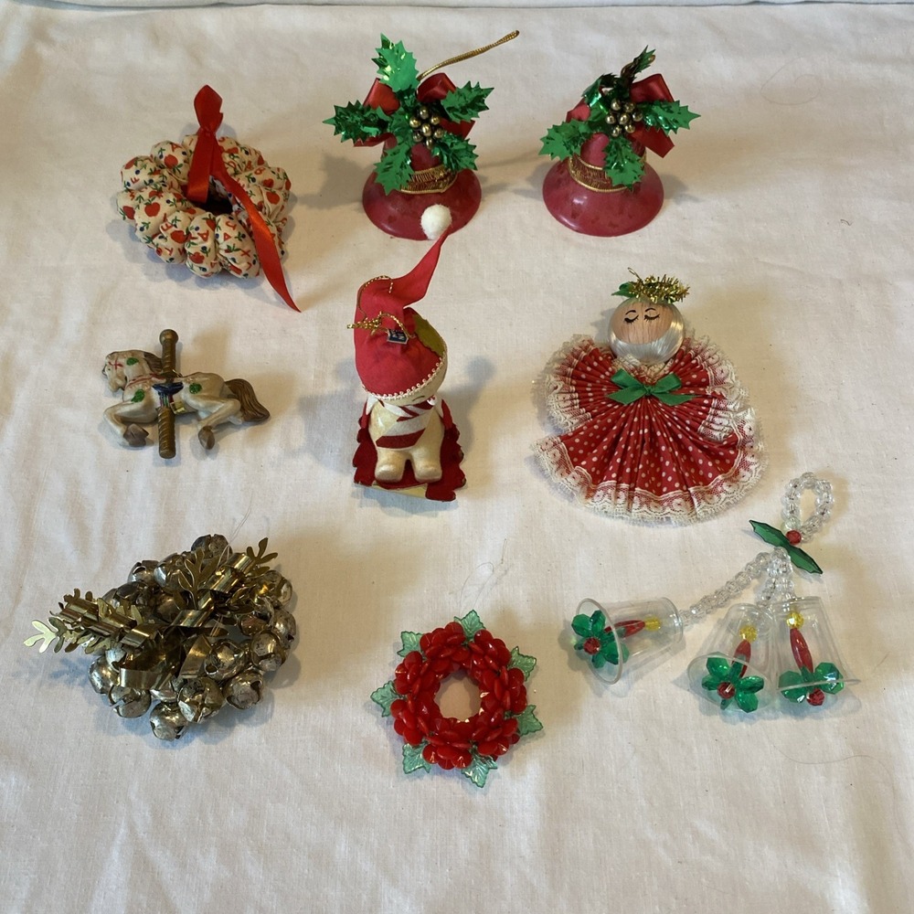 Lot Of 9 Vintage Christmas Ornaments Bells, Angel, Horse, Sledding Please Read